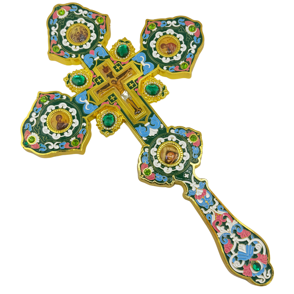 Orthodox Altar Cross In Gilding With Colored Enamel (Stand Optional) Orthodox Altar Cross In Gilding With Colored Enamel (Stand Optional)